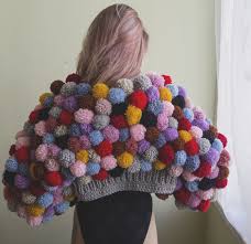 Multicolored Huge Pom Pom Bomber Cropped Jacket With Long Etsy Pom Pom Clothes Pom Pom Sweater Hand Knitting