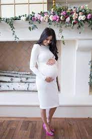 Knee Length Long Sleeves White Cocktail Dress For Pregnant Women Whitecocktai Dresses For Pregnant Women Maternity Dresses For Baby Shower Baby Shower Dresses