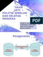 Partisipasi politik secara harafiah berarti keikutsertaan, dalam konteks politik hal ini mengacu pada pada keikutsertaan warga dalam berbagai proses politik. Pembentukan Parti Politik Sebelum Selepas Merdeka