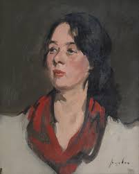 The red scarf, portrait of Jeannie Blyth 41.5 x 34 cm. (16 5/16 x 13 3/8  in.) Painted in c.1902 by Samuel John Peploe RSA