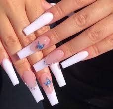 White Butterfly Long Square Acrylic Nails Long Nails Acrylic Nails