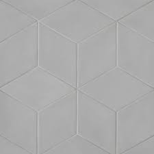 White wooden floor and small white rhomboid mosaic front. Bedrosians Allora Solid Grey Matte Rhombus Floor Wall Tile