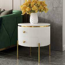 Complete your bedroom with nightstands and bedside tables that offer a convenient perch for a lamp, alarm clock and reading material. Modern Round End Table With Storage White Faux Marble Side Table Gold Legs Living Room Side Table Round Side Table Living Room Side Table Design