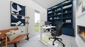 A catchy feminine home office with a glass trestle desk, a white fur rug, a tile clad fireplace and a blush daybed. Get Inspiration From A Modern Home Office Design Featuring Peacock Blue Shelving Design By Spacejoy
