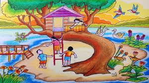 Cara Menggambar Rumah Pohon Anak Anak Bermain Dan Pemandangan Tepian Tel Di 2020 Cara Menggambar Gambar Rumah Pohon