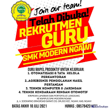 Lowongan kerja paruh waktu / part time terbaru agustus 2021 temukan loker yang sesuai dengan lokasi, pendidikan dan minat anda. Smk Modern Ngawi Membuka Lowongan Pekerjaan Dengan Posisi Guru Di Bulan Juni 2021