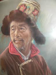 Pastel Portrait of a Tibetan Trader by J A Hulbert. 40s/50s