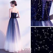 Charming Navy Blue Prom Dresses A Line Princess 2019 Strapless Suede Star Sleeveless Backless Floor Length