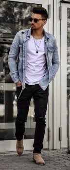 Black And White Button Up Shirt Mens Fall Combo Inspiration With A Denim Button Up Shirt White T Shirt Sunglasses Black Ripped Sli Moda Masculina Casual Moda Masculina Dicas Moda Masculina Hipster