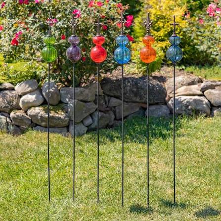 55" Tall Glass Globe Iron Garden Stake in 6 Assorted Colors