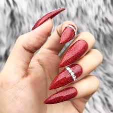 Blazing Red Glitter Crystal Set Red Stiletto Nails Red Nails Valentines Nails Apply the nail tips onto each nail toward the end of your natural nail with nail glue.