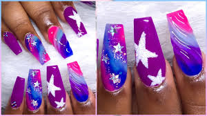 Basic nail art strokes + beginner designs. Watch Me Work Purple Coffin Acrylic Nails Tutorial Tie Dye Acrylic And Sugar Stars Nail Design Youtube