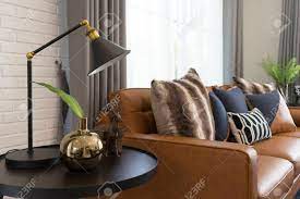 $450 (rock hill) pic hide this posting restore restore this posting. Side Table With Black Table Light Bedside Brown Leather Sofa Stock Photo Picture And Royalty Free Image Image 116339326