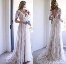 Bohemian Summer Beach Wedding Dresses Lace Spring Garden Beach Backless V Neck A Li Beach Wedding Dress Lace Short Boho Bridal Gowns Short Sleeve Wedding Dress