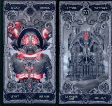 A dark, gothic, mysterious tarot deck, with raven, dagger and blood graphics. Spanish Tarots For Sale
