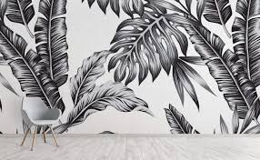 Black And White Beach Wall Mural Palm Leaves Tropical Wall Mural Retro Palms Black In 2020 Wall Murals Mural Art Jungle Wall Mural