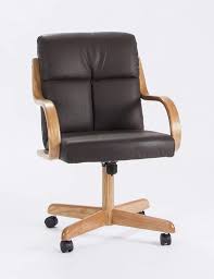 Casual Rolling Caster Dining Chair With Swivel Tilt In Oak Wood With Bonded Leather Seat And Back Set Of 2 Dining Chairs Leather Seat Chair
