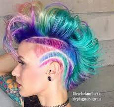Feminine Faux Hawk With Patterned Sides In A Mermaid Color Scheme Featuring Pink Fuschia Violet Blue True Blue T Neon Hair Color Neon Hair Hair Color Crazy
