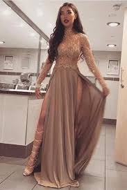 Fantastic High Neck Long Sleeves Crystal Beaded See Through Prom Party Dress With Slits Prom Dresses Modest Prom Dresses With Sleeves Prom Dresses Long With Sleeves