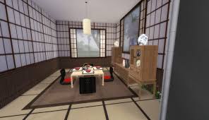 Real photo of a japanese room interior with tatami mats, table, flowers and big moon poster. Japanese House For The Suburbs By Karriekitten The Sims 4 Catalog