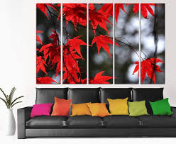 Black And White Split Canvas Prints Red Maple Leaves 5 Panel Split Canvas Print B W Background Stretched On 1 5 Deep Frames Nature Photography Print For Custom Wall Art Photo Decor Red Walls