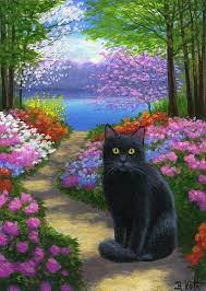 Black Cat Azalea Flowers Spring Lake Path Landscape Limited Edition Aceo Print Realism Cat Art Illustration Cat Artwork Black Cat Art