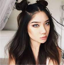 13 Half Up Half Down Hairstyle With Space Buns Hair Styles Half Bun Hairstyles Straight Hairstyles