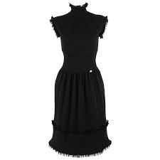 Chanel Pre Fall 2008 Black Cashmere Knit Mock Neck Dress Silk Raw Edge Trim 34 Scoop Neck Sweater Dress Mock Neck Dress Long Sleeve Sweater Dress