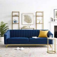 Blue Velvet Vertical Channel Tufted Sofa Velvet Sofa Living Room Blue Sofas Living Room Sofa Design