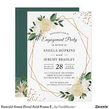 Emerald Green Floral Gold Frame Engagement Party Invitation Zazzle Com Floral Wedding Invitations Geometric Wedding Invitation Modern Wedding Invitations