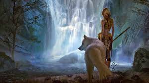 Fantasy wallpapers for desktop 1920x1080 full hd. Wallpaper Fantasy Girl And Wolf Waterfall Art Picture 1920x1080 Full Hd 2k Picture Image