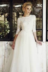 Bailey Chana Marelus Lace And Chiffon A Line Gown Modest 3 4 Sleeve Modest Wedding Gowns Wedding Dresses Wedding Dress Sleeves