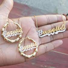 Gold monogram necklace 3 initials monogram pendant charm necklace. Personalized 14k Gold Overlay Name Hoop Earrings Bamboo And Chain Set 1 1 2 Inch Nikfine