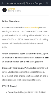 Binance locked staking offers you to lock your cryptocurrencies over a predetermined period of time to obtain. Eth 2 0 Staking On Binance Starting Tomorrow Binance