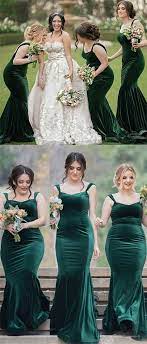 Mermaid Straps Sweep Train Dark Green Velvet Bridesmaid Dress In 2020 Green Wedding Dresses Green Bridesmaid Dresses Velvet Bridesmaid Dresses