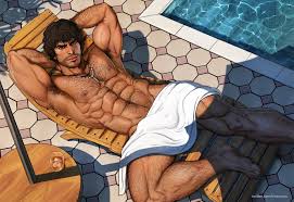 marcus (rnarccus), miguel caballero rojo, tekken, tekken 7, highres, 1boy,  abs, armpit hair, armpits, arms behind head, bara, black hair, chest hair,  closed mouth, day, facial hair, jewelry, large pectorals, leg hair,