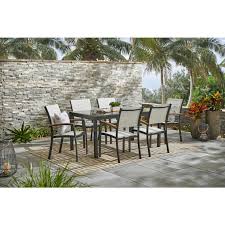 Hampton Bay Baymont 7 Piece Aluminum Patio Outdoor Patio Dining Set With Smoked Glass Table Top And Sling Dining Chairs 207 317 7d Sg2p The Home Depot In 2020 Patio Dining Furniture Aluminum Patio Patio
