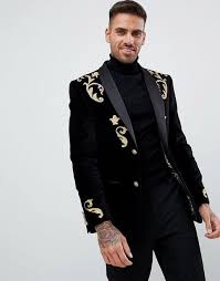 Black And Gold Blazer Mens River Island Regal Velvet Blazer With Gold Embroidery In Black With Images Gold Tuxedo Jacket Velvet Blazer Black Velvet Blazer