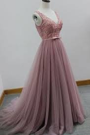 Popular Dusty Pink Chiffon Prom Dresses Beading Evening Dresses V Neck Prom Dresses Sleeveless Evening Dress A Line Formal Gowns Prom Dress Formal Gowns Pl Prom Dresses Sleeveless Backless Prom Dresses Prom Dress With