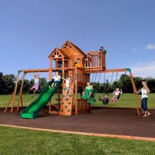 Backyard Discovery Skyfort Ii With Vac Slide Cedar Swing Set Playset Light Dark Brown Sam S Club Swing Set Cedar Swing Sets Wooden Swing Set
