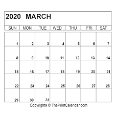 Yearly calendar showing months for the year 2020. March 2020 Printable Calendar Template Pdf Word Excel