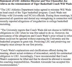 will wade reinstated as lsu men's