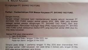 Itulah komponen dan contoh pembuatan dan unsur surat pemberhentian kerja yang dapat kami ulas. Perusahaan Shyang Yao Fung Phk 2 500 Karyawan Karena