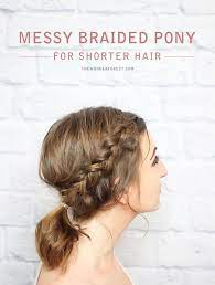 Attach the draw string hair piece by sliding the comb into the top of the bun, then cinch. Messy Braided Ponytail For Shorter Hair Tutorial Wonder Forest Short Hair Tutorial Short Hair Ponytail Braids For Short Hair