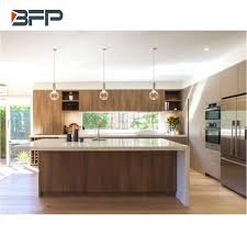 Modern wood kitchen cabinets are neutral and warm. China Melamine Wood Grain Laminate Kitchen Cabinet Designs Modern Bmk 71 China Kitchen Cabinets Kitchen Furniture