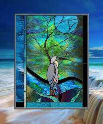 Blue Heron With Moonlit Tree Leaded Stained Glass Window Stained Glass Windows Faux Stained Glass Stained Glass Panels