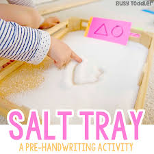 I am huge fan of learning without worksheets. Salt Writing Tray Activity Busy Toddler