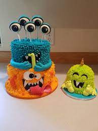 My Cute Monster Cake With Accompanying Smash Cake Monster Eyes Are Cake Pops Monster 1st Birthdays Baby Boy 1st Birthday Party Monster Birthday Parties