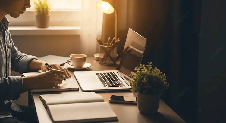 Person writing in a notebook at an organized desk with a laptop, coffee cup, and soft morning lighting.