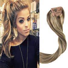Long Straight One Piece Ponytail Human Hair Extension Brown Blonde Highlights Human Hair Extensions Straight Hair Extensions Blonde Highlights